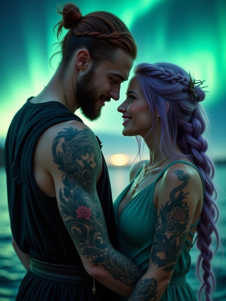 Lovers Under Northern Lights in Moment of Realization