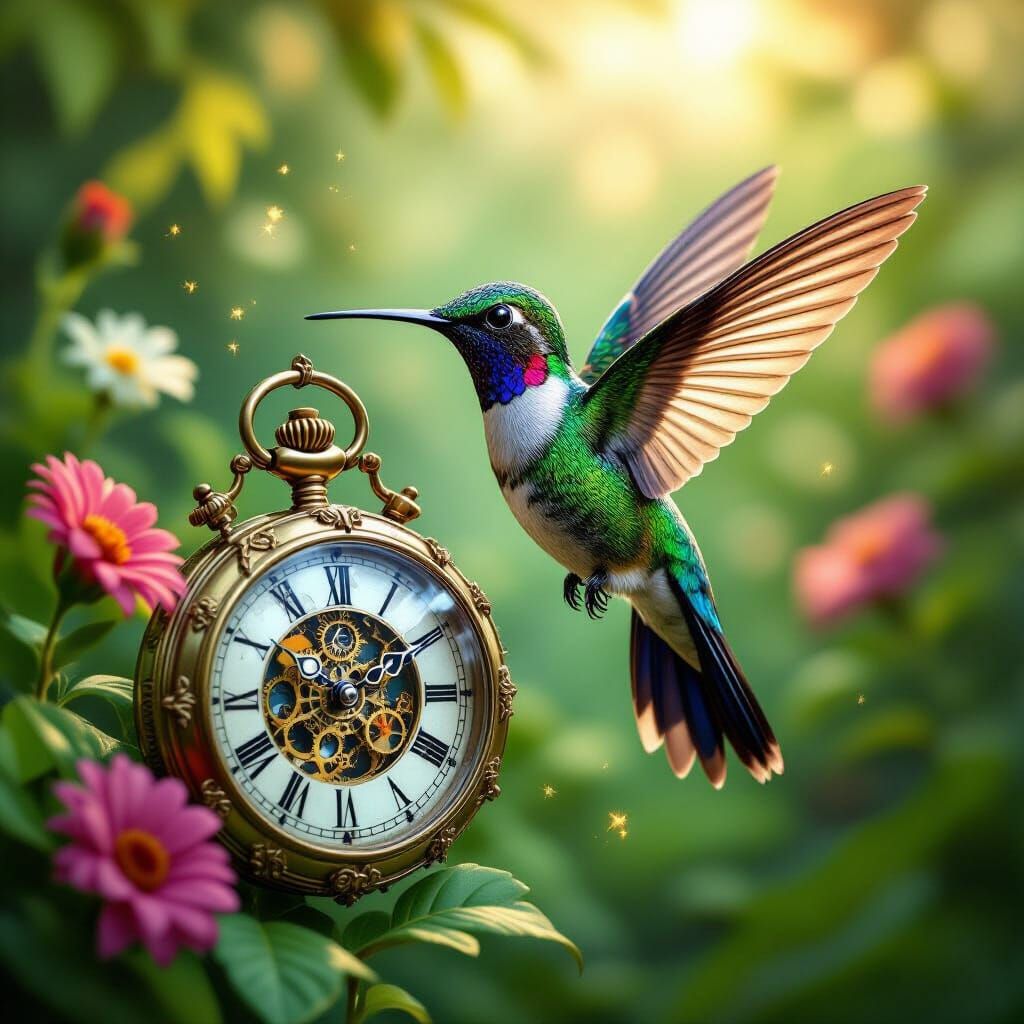 Clockwork Hummingbird Near Pocket Watch in Victorian Garden