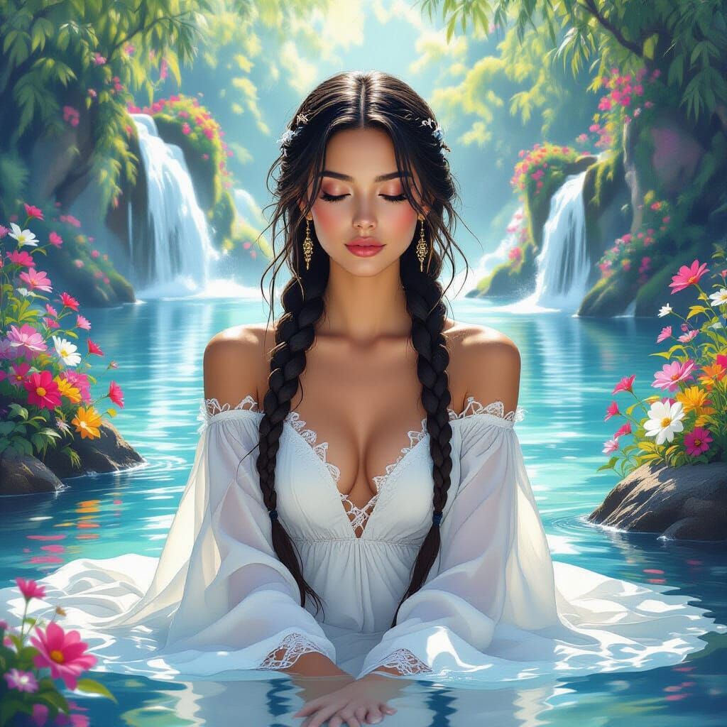 Dreamlike Woman in Ethereal Landscape: Impasto Oil Painting