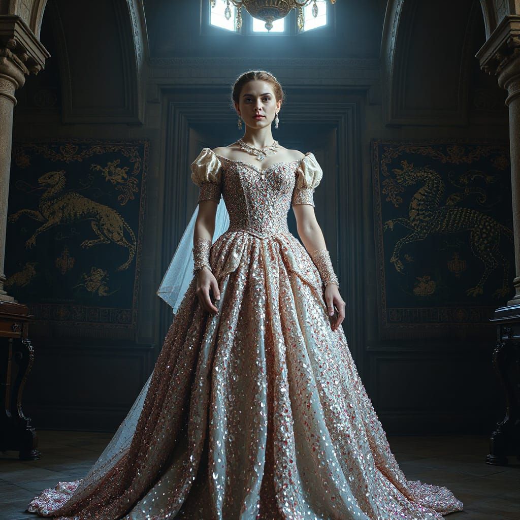 Medieval Queen in Glass Bead Gown in Renaissance Style