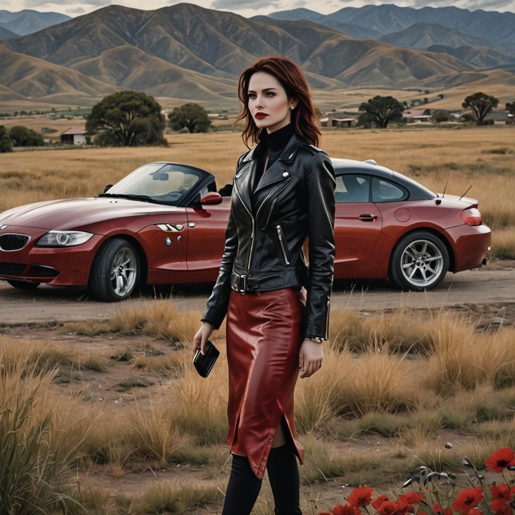 Woman in Red Dress with BMW Z4, Detailed Matte Painting