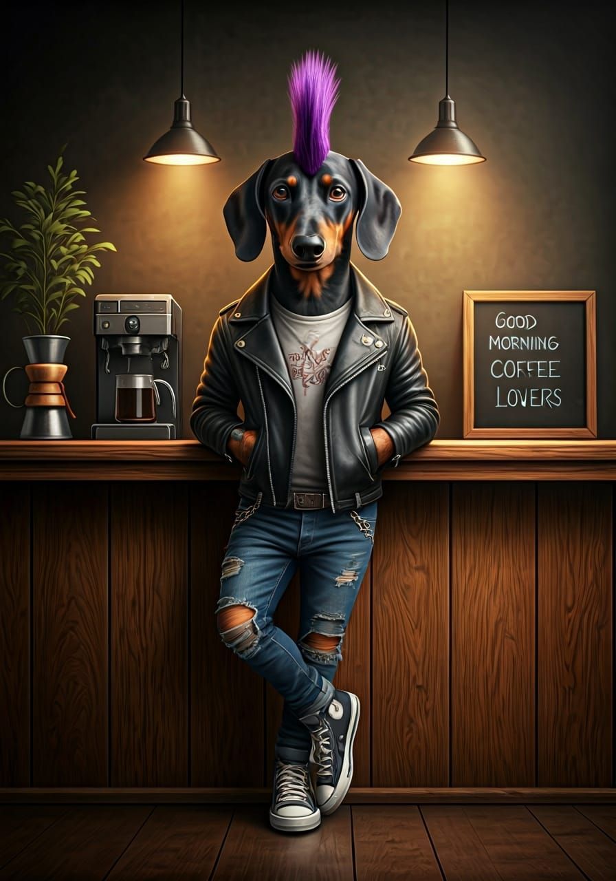Funky Dachshund in Cafe: Digital CGI Art