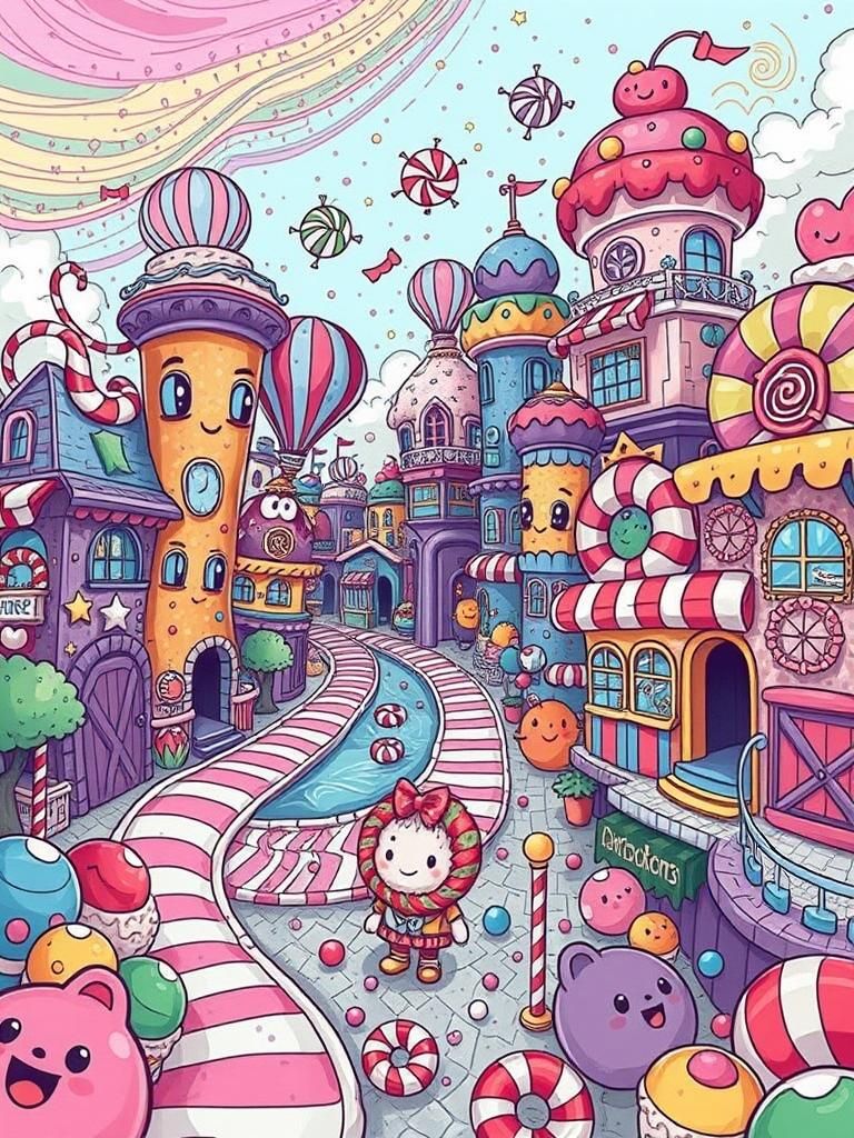 Candy Coated Candyland: A Whimsical Doodle-Style Dreamscape