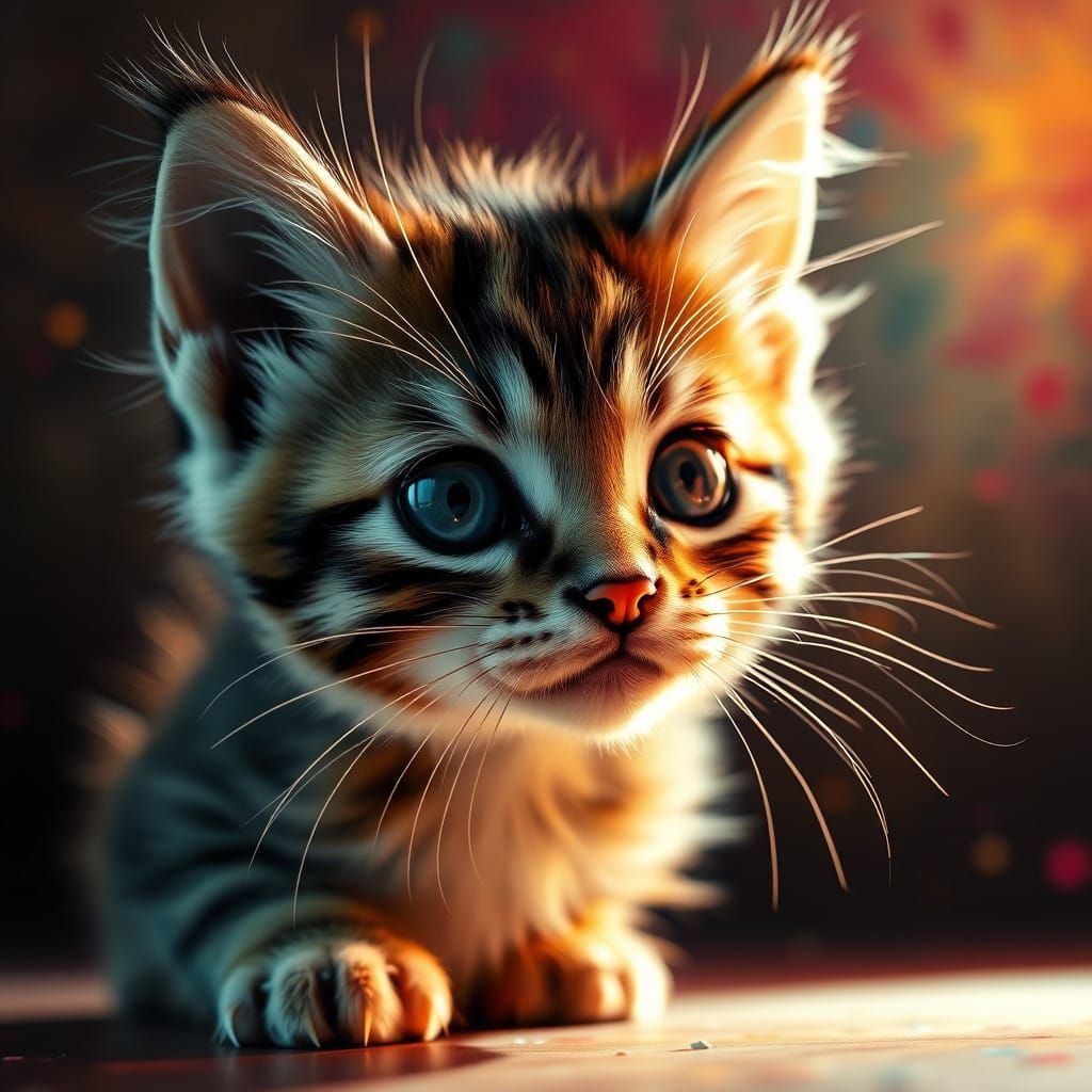 Whimsical Kitten Portrait in Cyberpunk-Inspired Color Palett...
