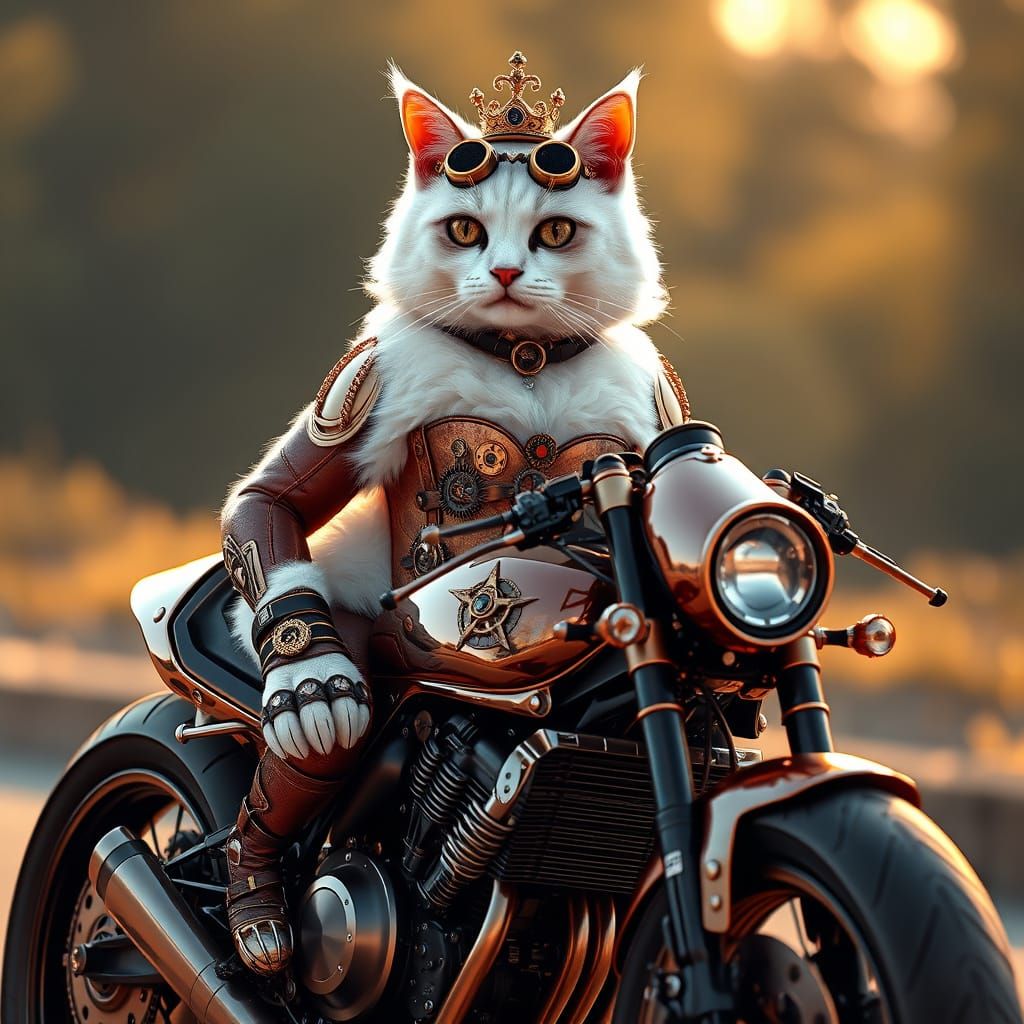 Confident Steampunk Cat Rides MotoGP Bike in Vibrant Fantasy...