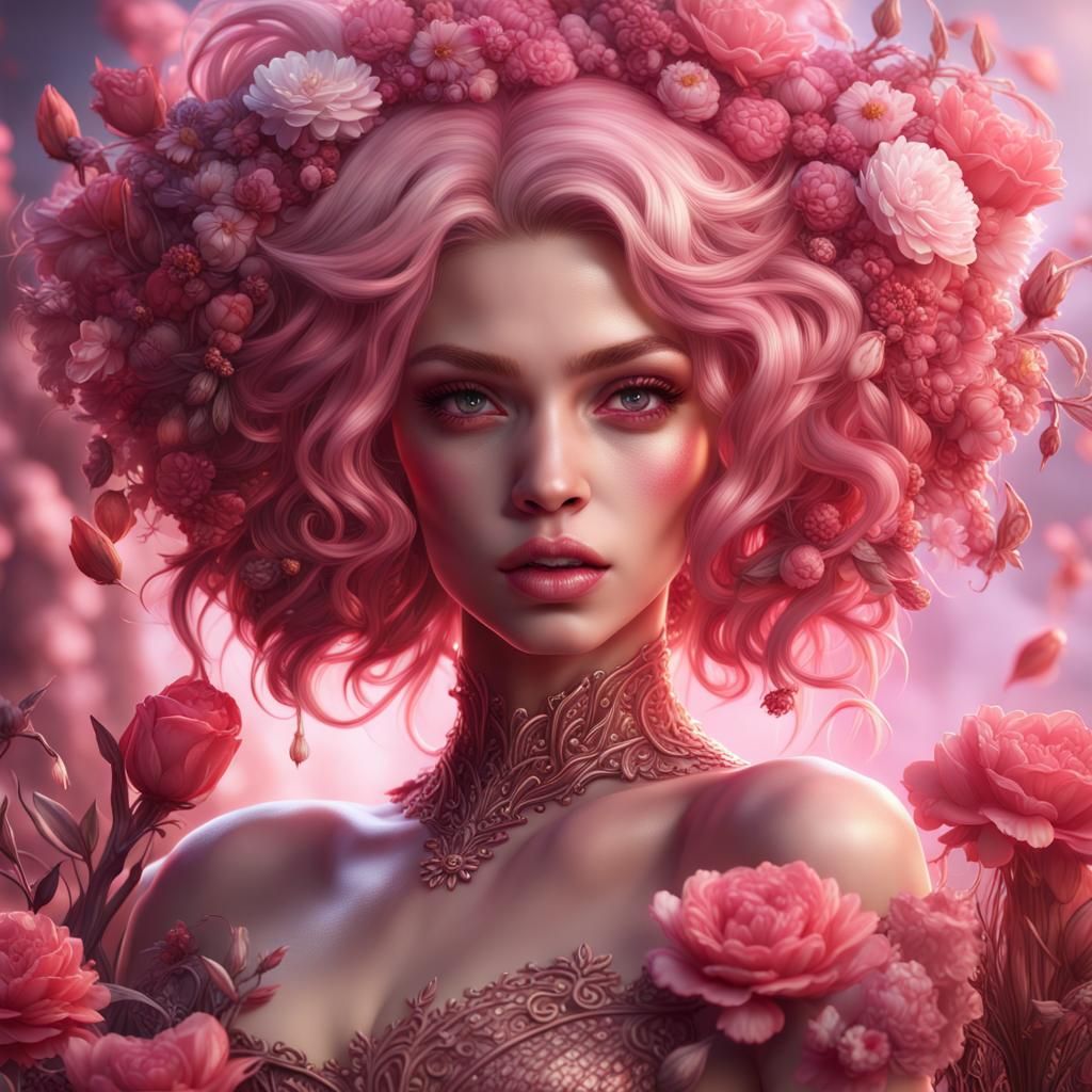 Girl with Hair of Flowers, Detailed Digital Art