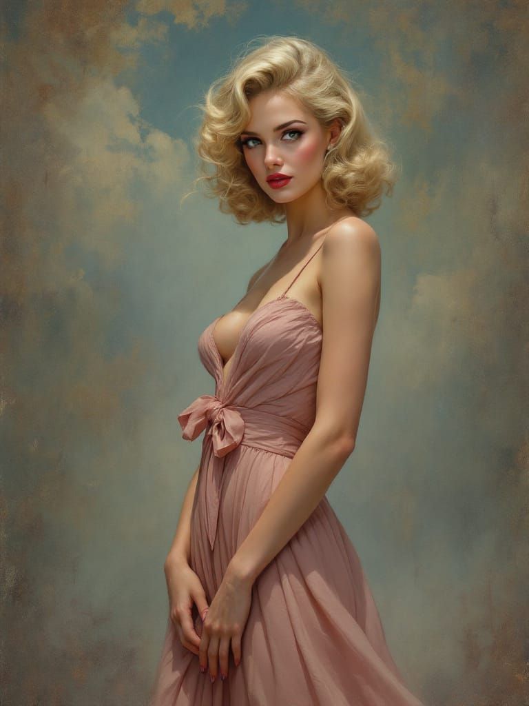 Blonde Pin-Up Woman in Pink Dress in Hazy Light