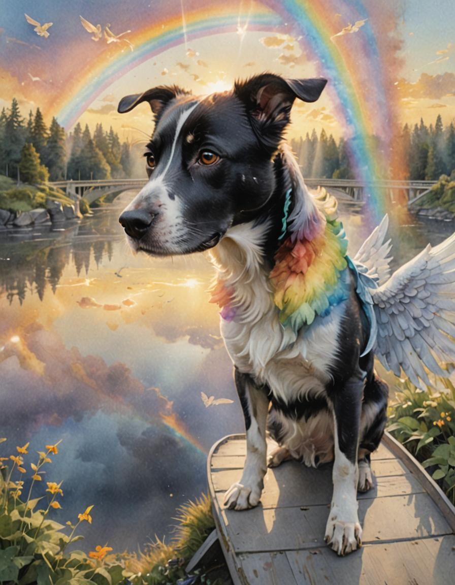 Dog With Angel Wings on Rainbow Bridge