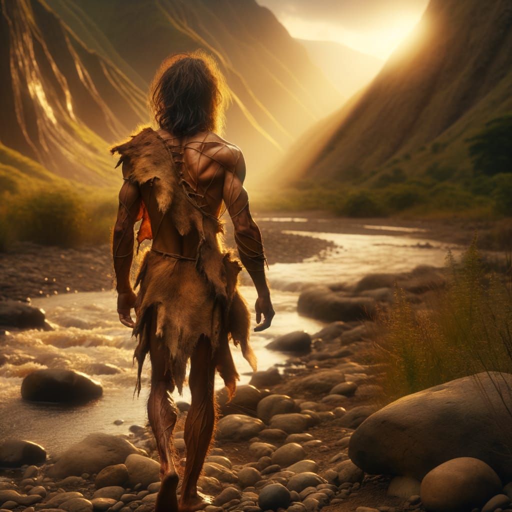 Paleolithic Hunter in Golden Evening Light