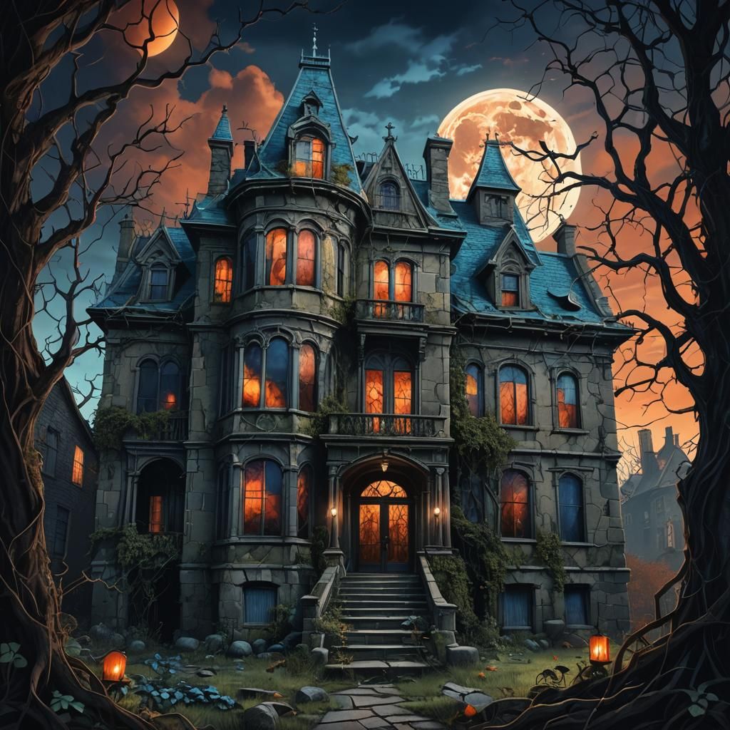 Eerie Gothic Mansion with Shadows: Hyper-Realistic Digital A...
