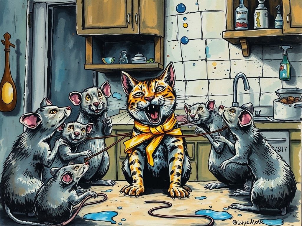 Rats in Whimsical Comic Book Style Catch and Tame a Kitchen...