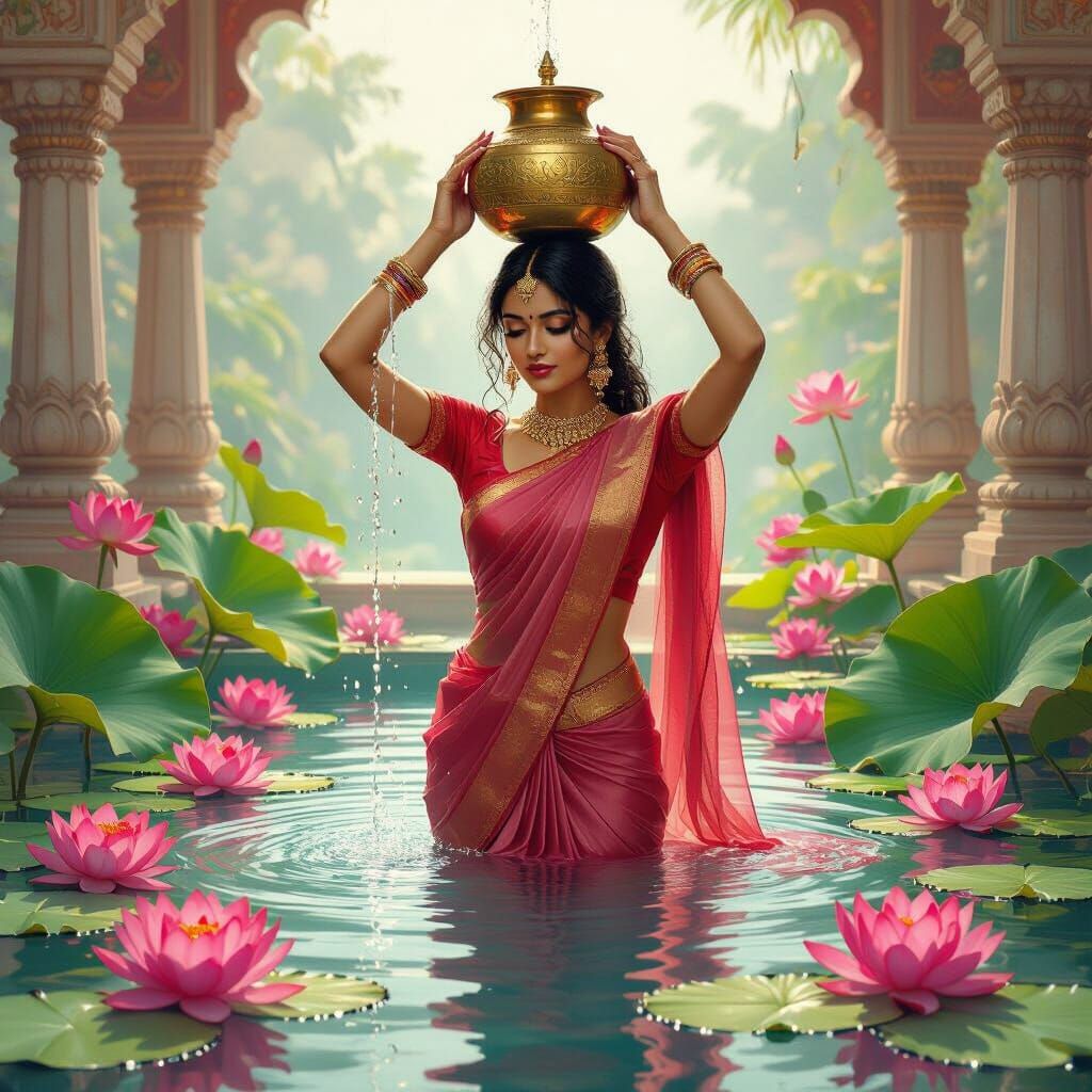 Indian Woman Bathes in Lotus Pool: Hyperrealistic Oil Painti...