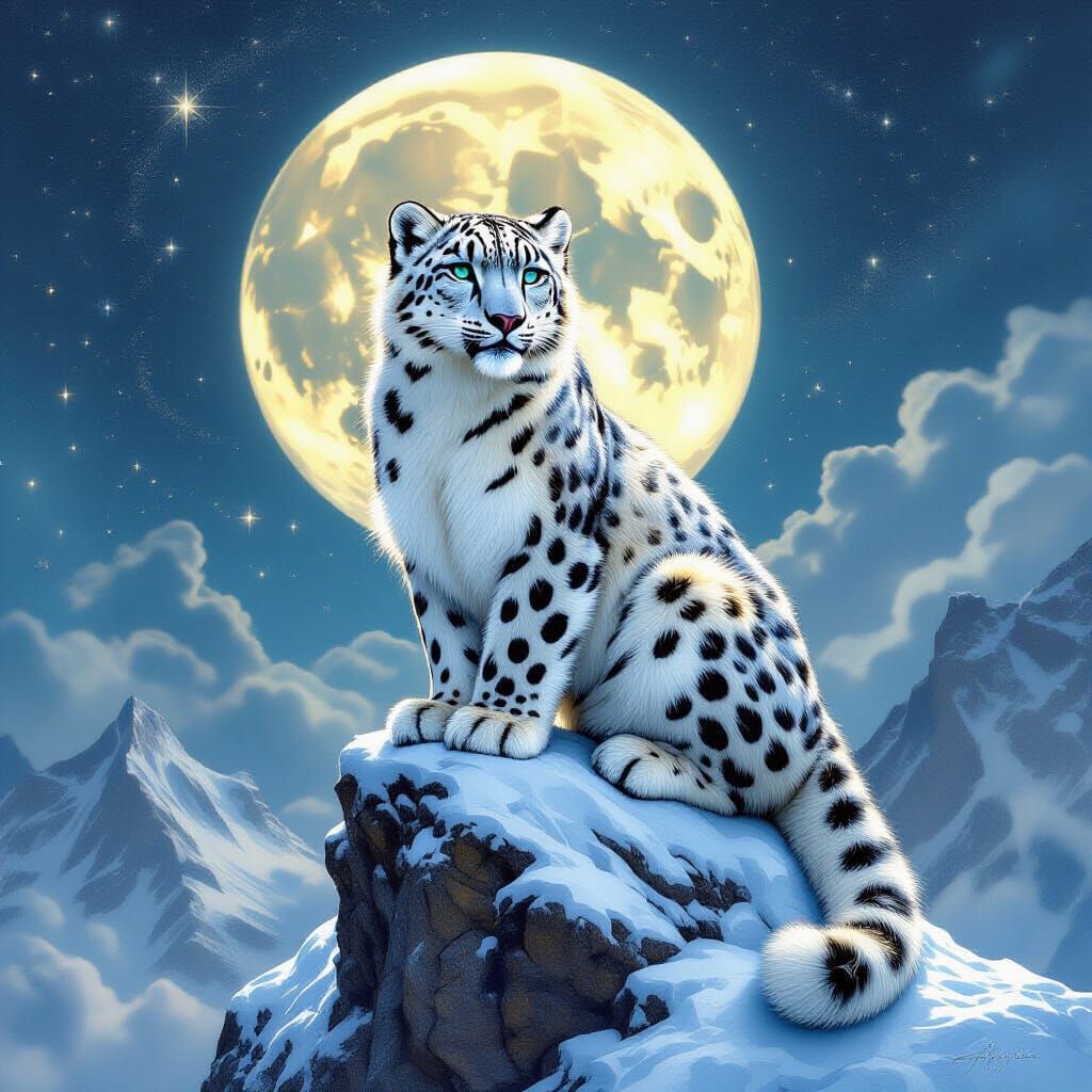 Snow Leopard on Crystal Peak in Moonlight