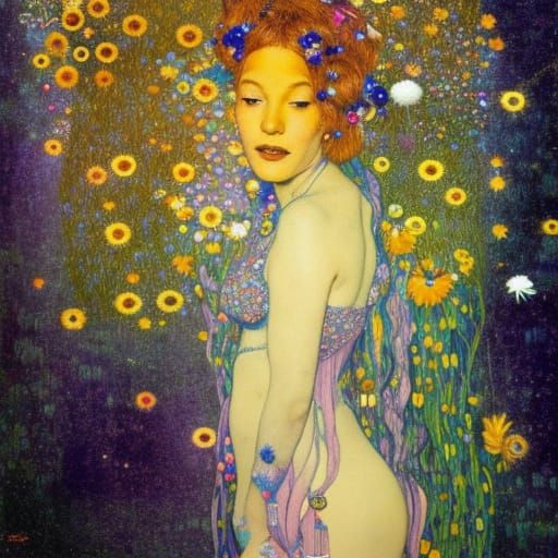 Cosmic Girl Dancing with Flowers, Art Nouveau Style