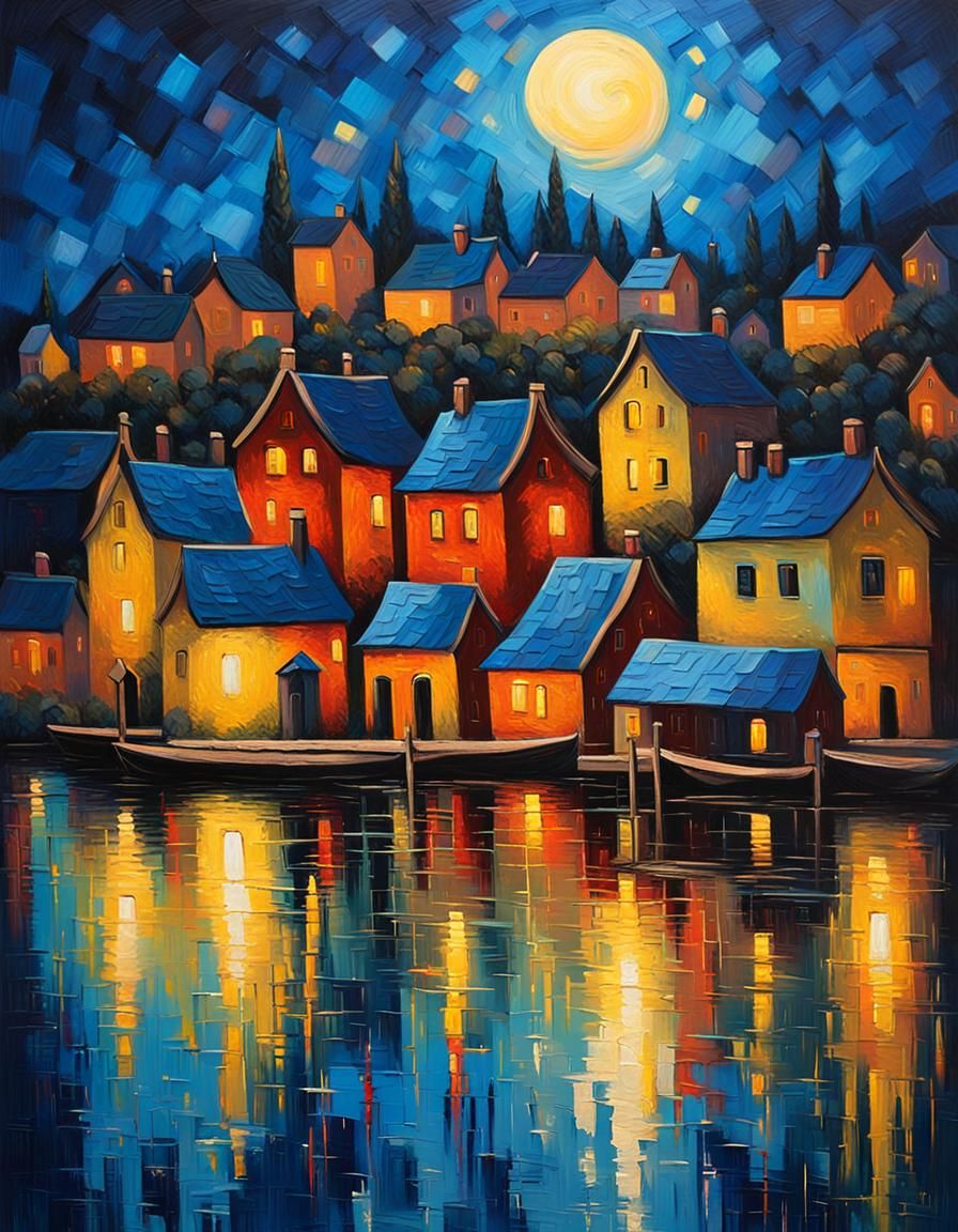 Ethereal Village at Moonrise in Neo-Impressionist Style