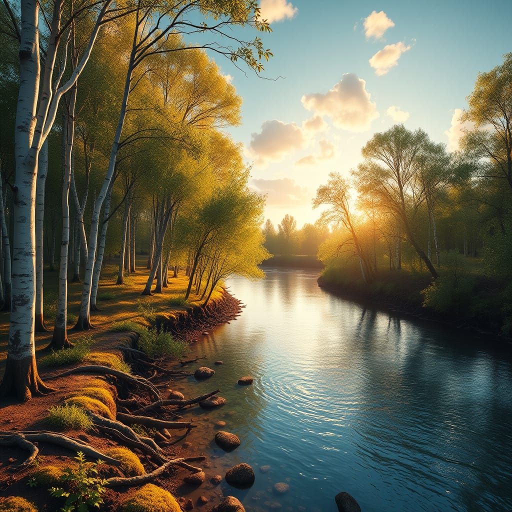Lush Birch Grove by Crystal River in Golden Hour