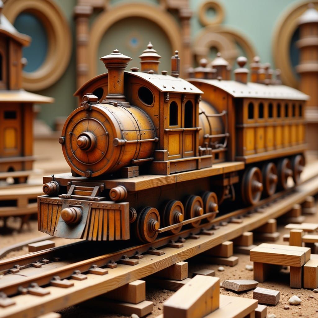 Wooden Toy Train on Vintage Tracks in Warm Americana Style