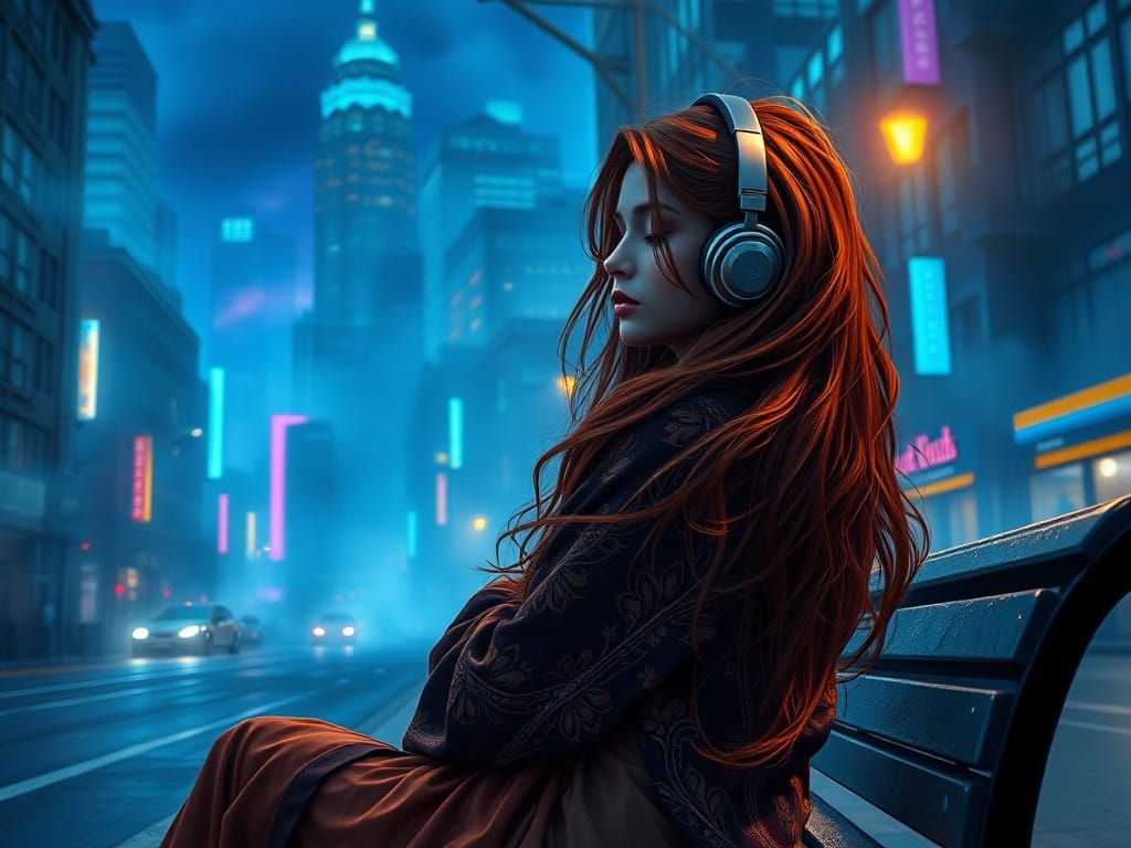 Serene Woman Waits for Bus on Misty Urban Street at Night