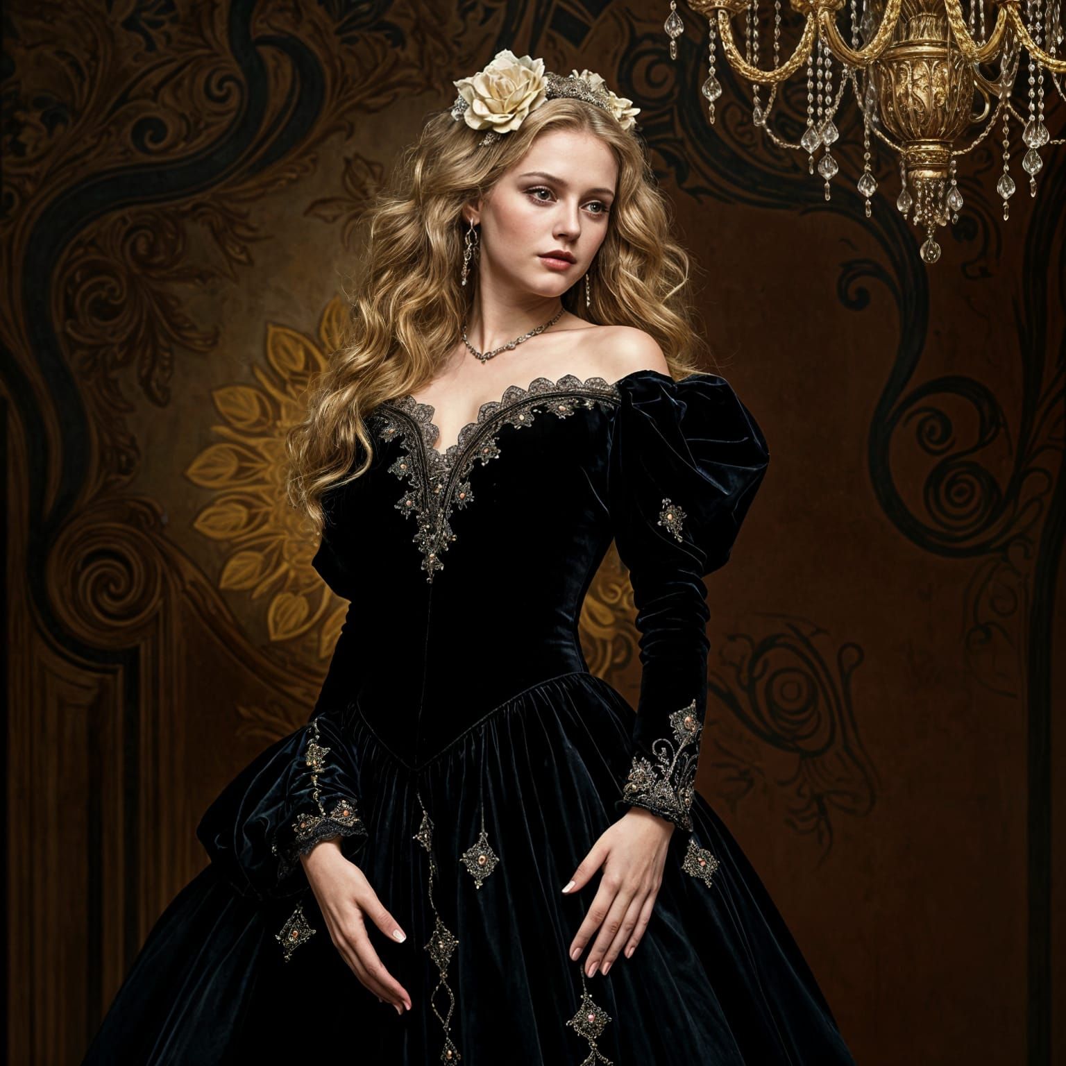 Elegant Woman in Velvet Gown, Klimt-Inspired Lighting