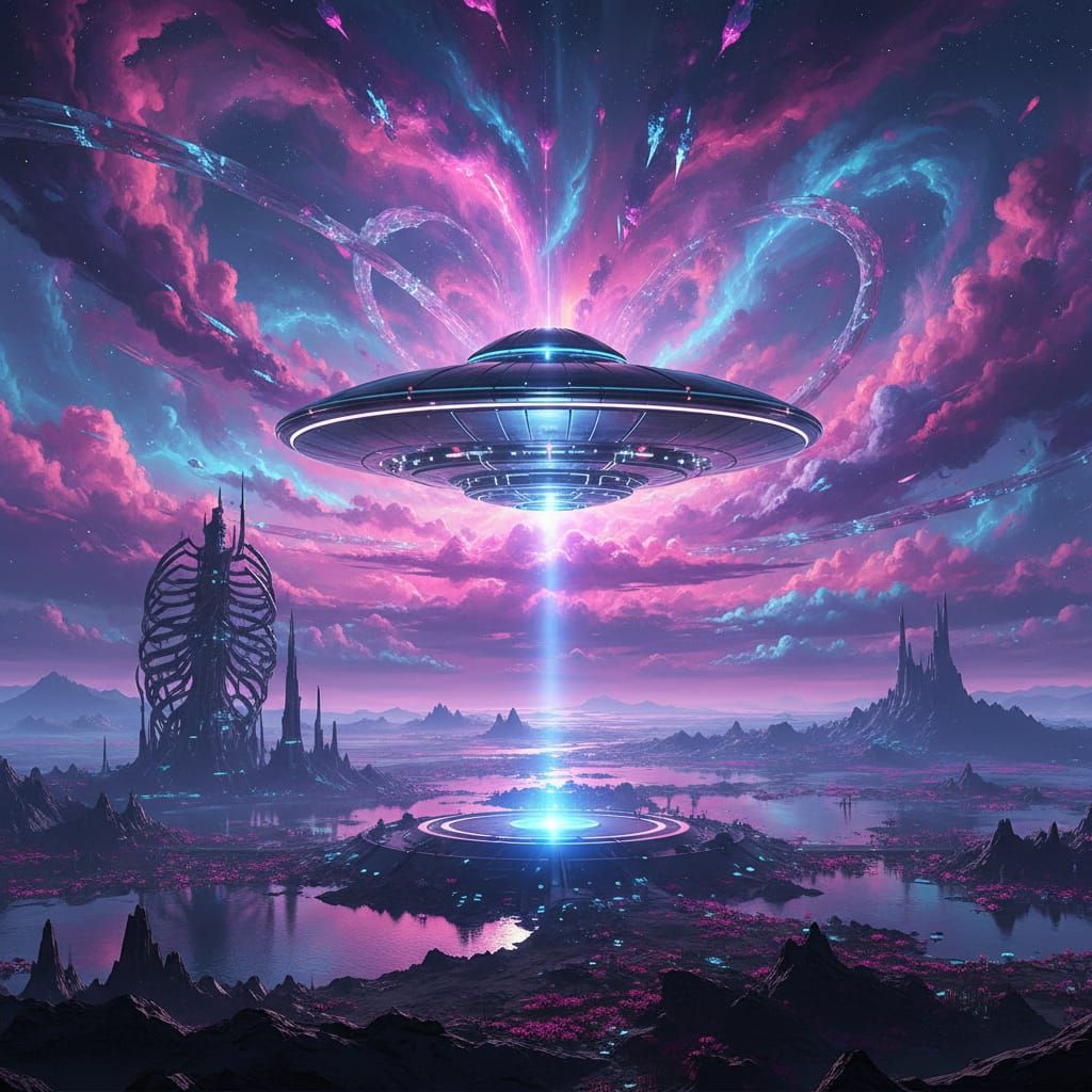 UFO Descends on Alien Planet in Sci-Fi Style