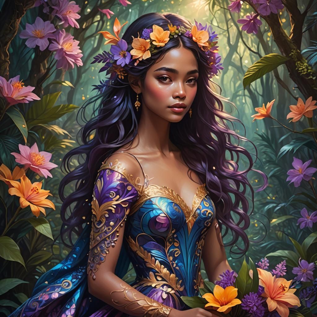 Shy Girl with Glowing Flowers in Magical Forest