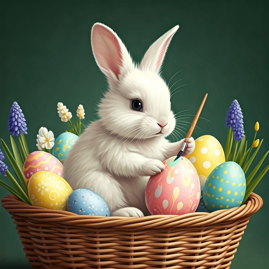 Whimsical Bunny Paints Springtime Eggs in Watercolor Style