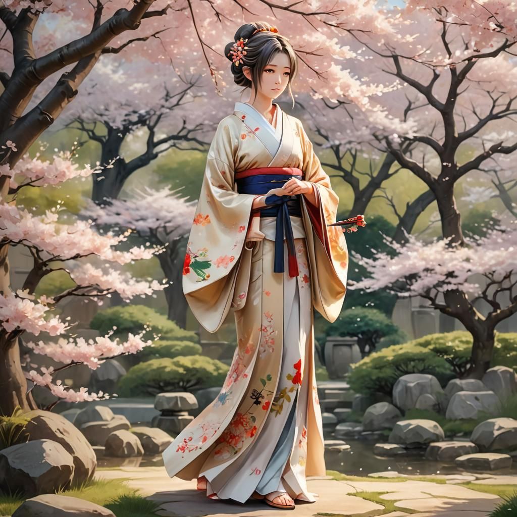 Elegant Japanese Elf in Watercolor Garden