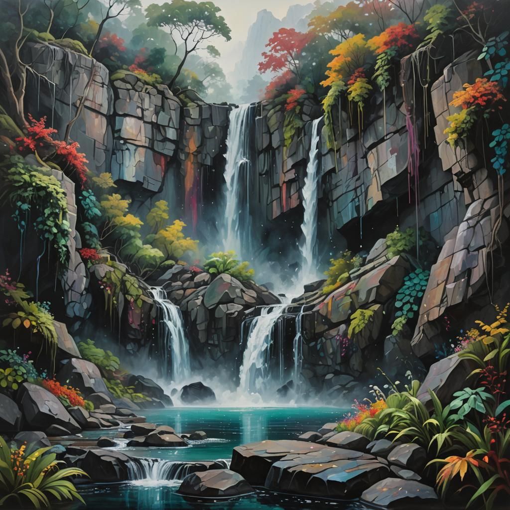 Surreal Waterfall Cascades in a Vibrant Oil Painting