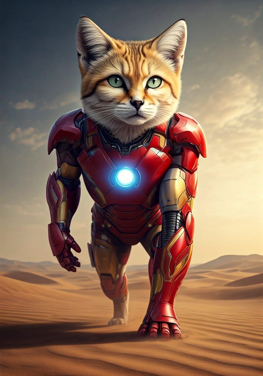 Iron Purr: Cybernetic Sand Cat Transforms in Golden Desert