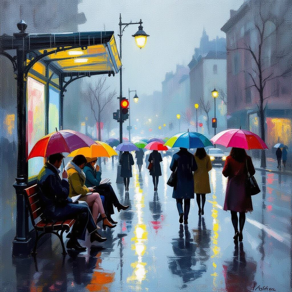 Commuters Wait at Rainy Bus Stop in Moody Impressionistic St...