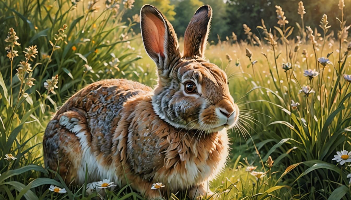 Dreamlike Rabbit in Meadow with Golden Lighting