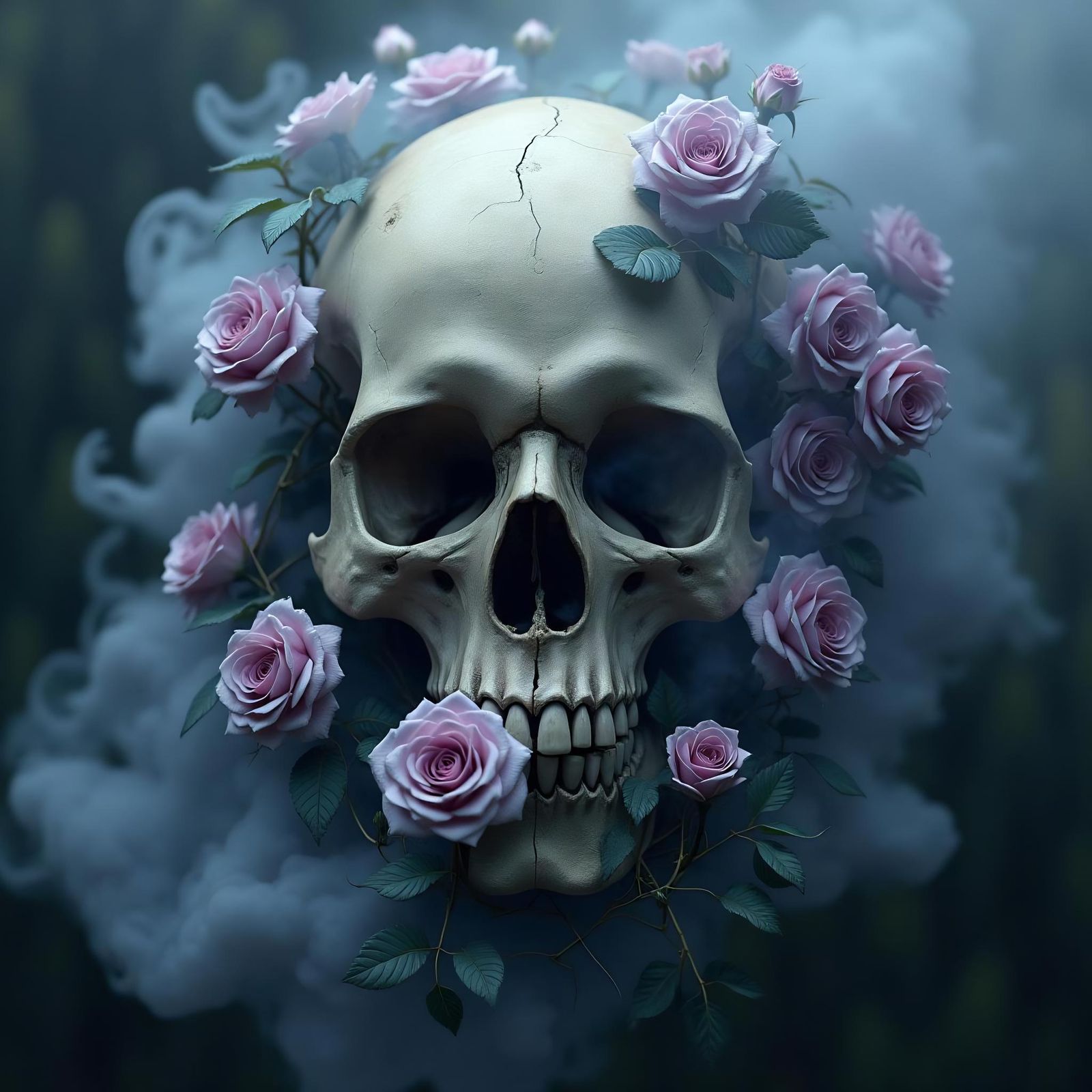 Skull Surrounded by Smoke and Violet Roses