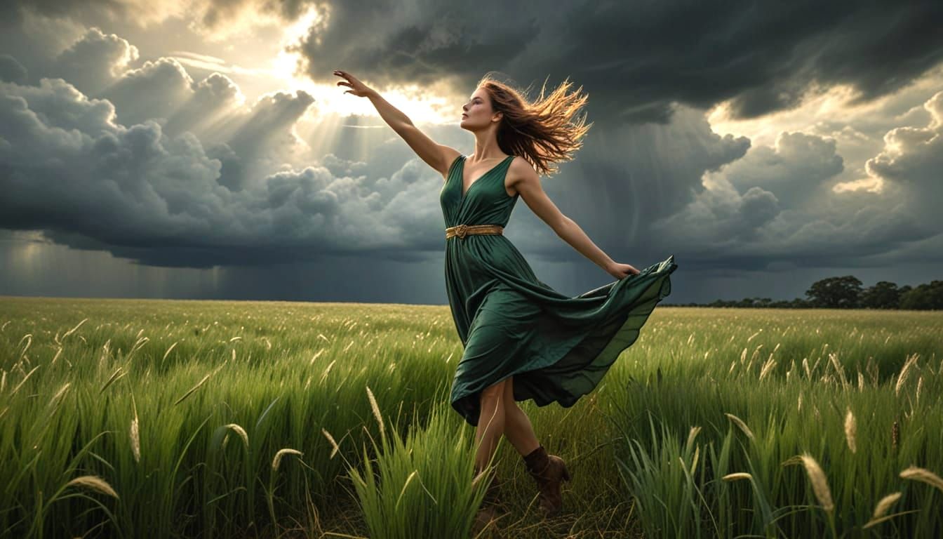 Woman Reaching Skyward in Stormy Field