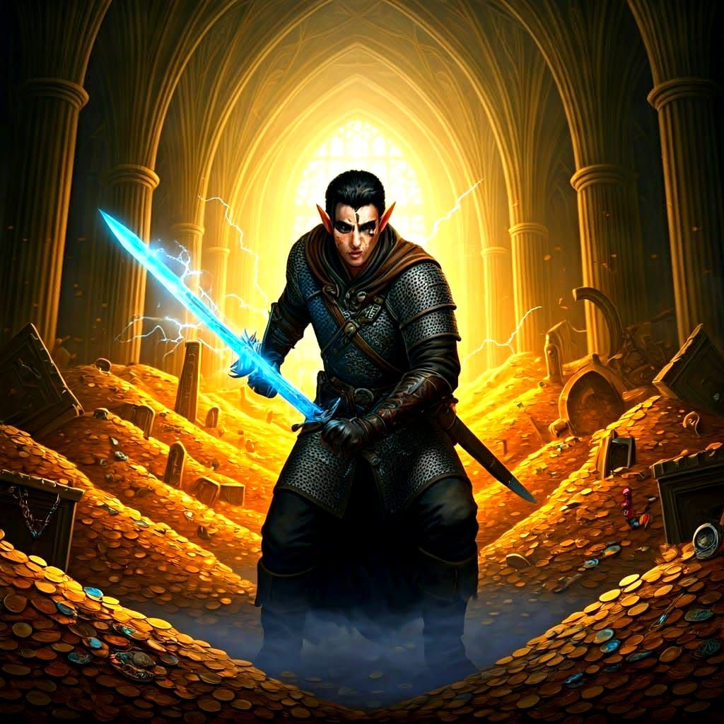 Half-Elf Rogue in Treasure Hall with Lightning Sword