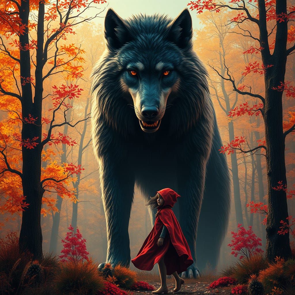 Giant Wolf Looms Ominously Behind Little Red Riding Hood in....