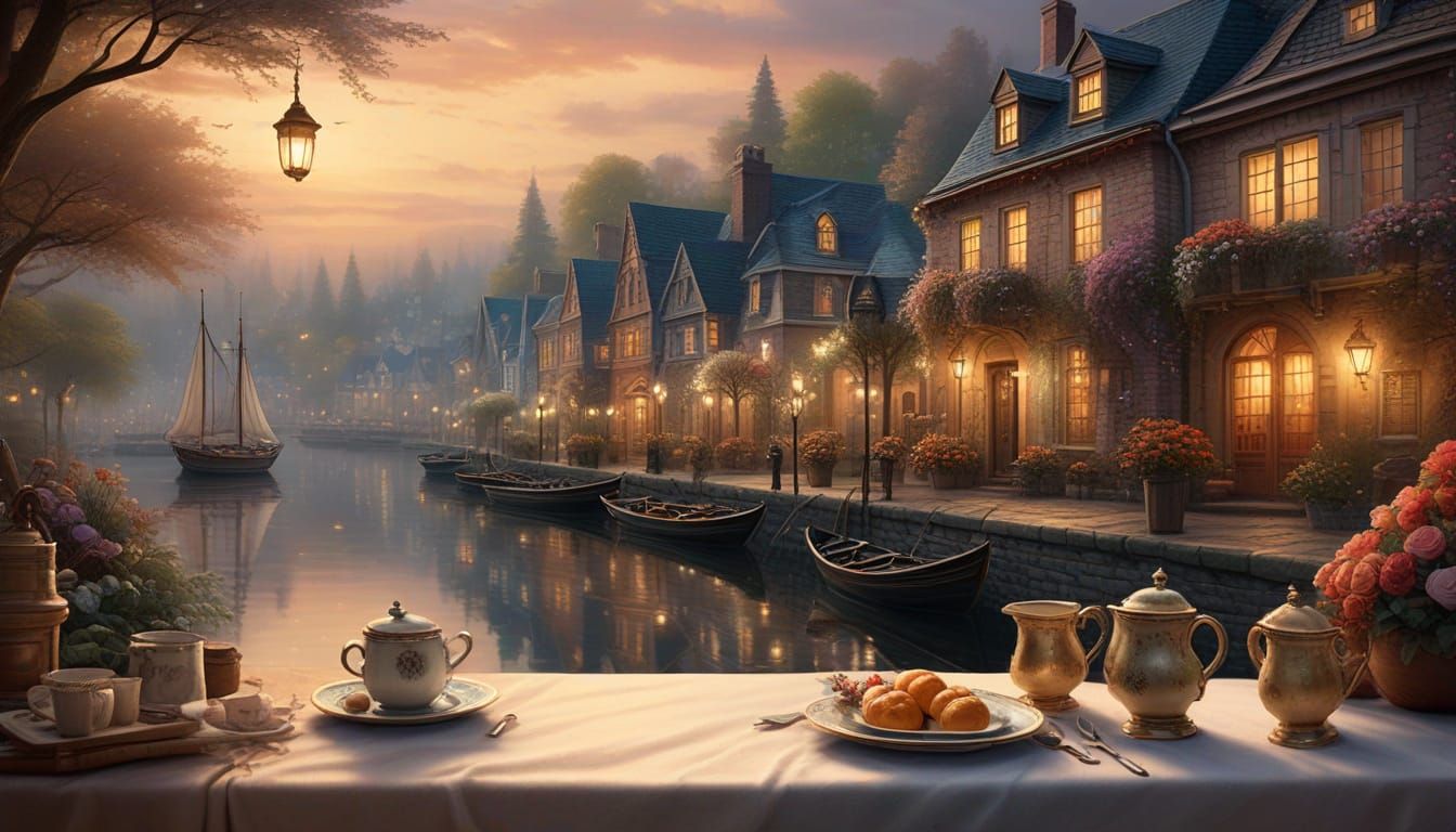 Whimsical Watercolor Townscape at Sunset