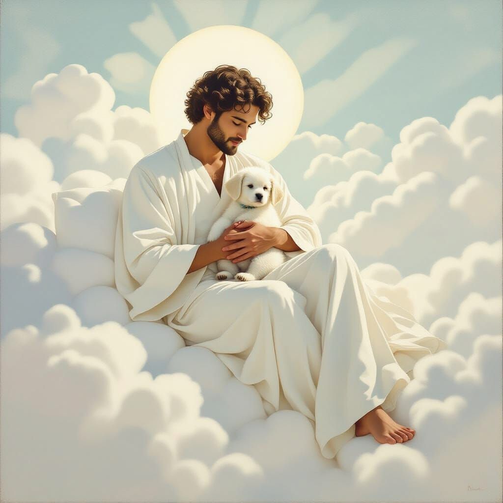 Man and Puppy in Clouds, Chagall-esque Dreamscape