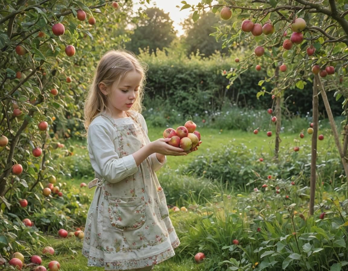 Girl Collecting Apples in Garden: Intricate Watercolor Art
