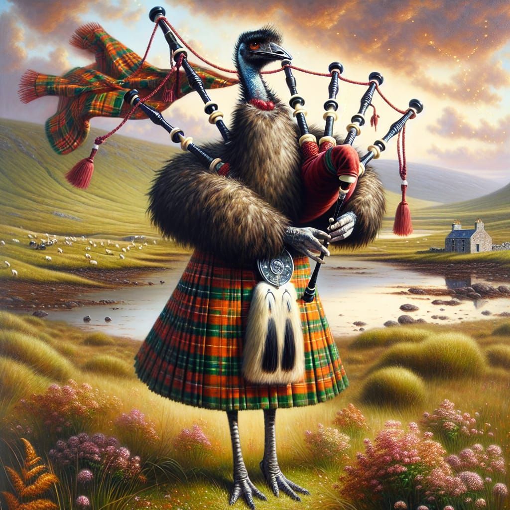 Anthropomorphic Emu in Traditional Scottish Attire, Playing....