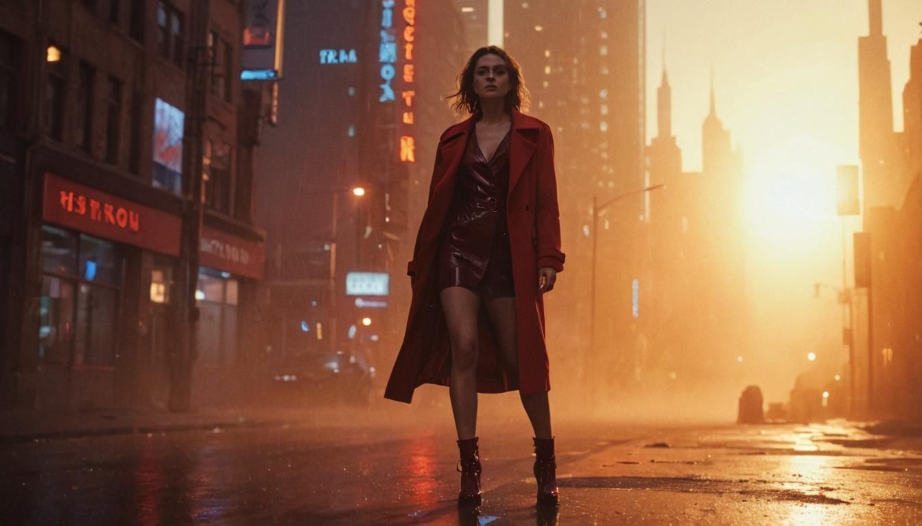 Woman in Red Coat Walking City Street at Night