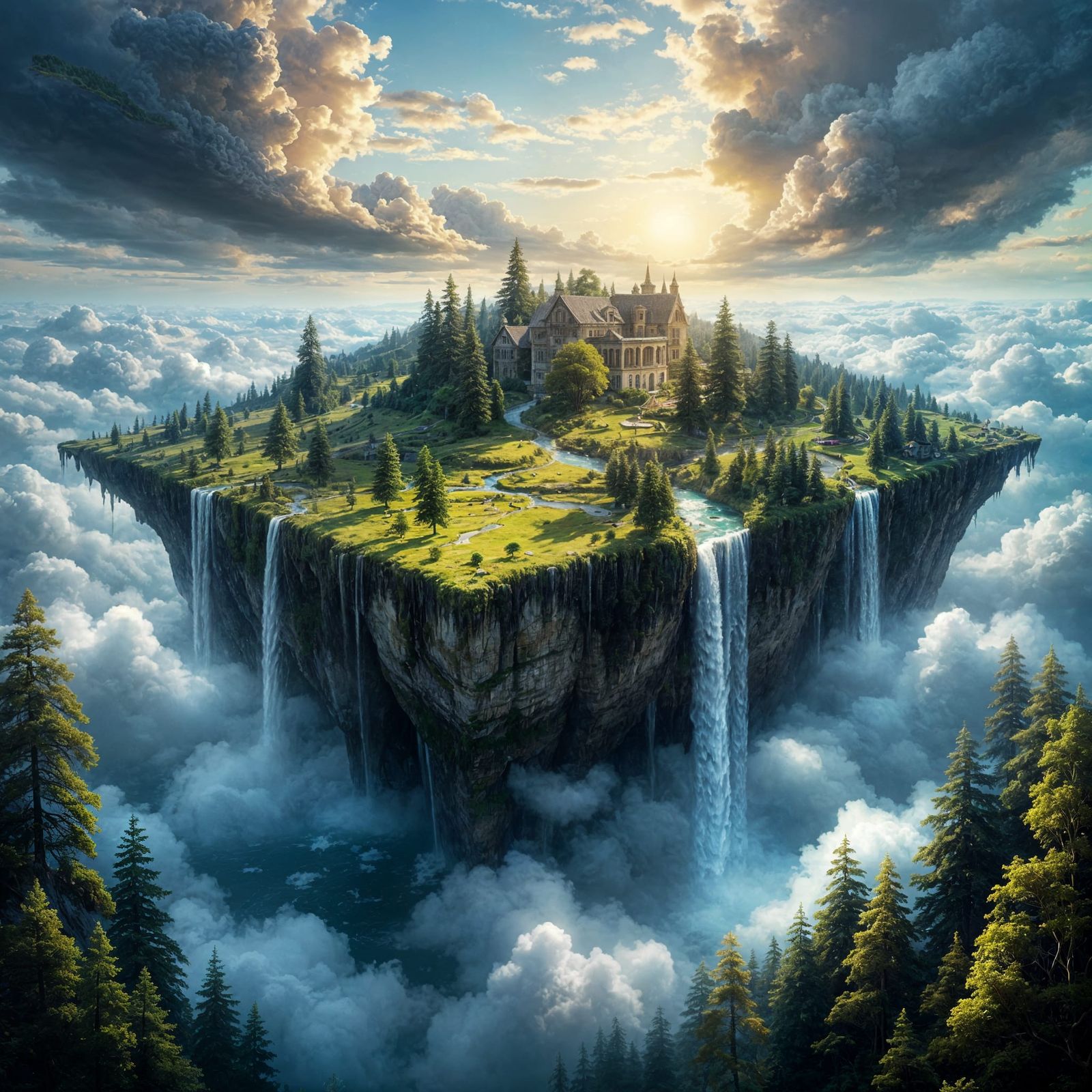Classical Painting of Floating Island Above Deep-Blue Clouds