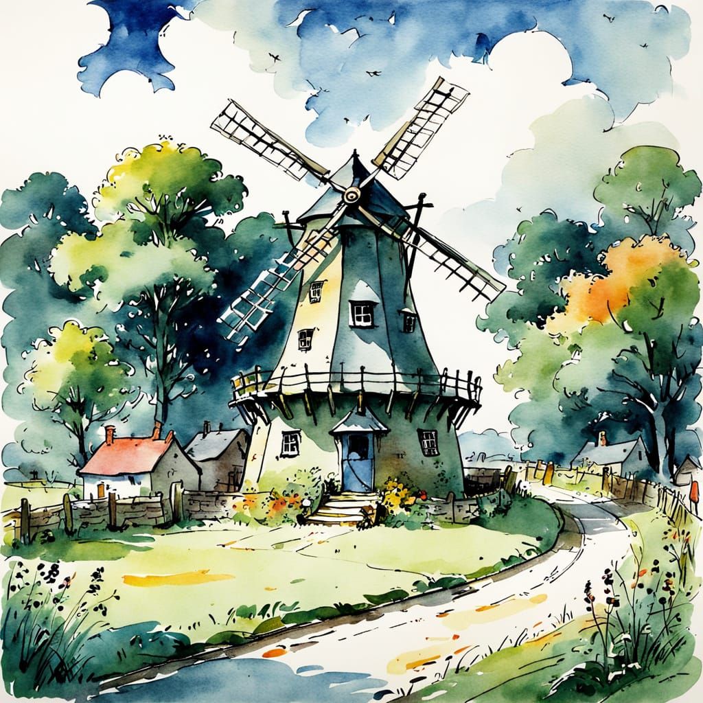 Charming Watercolour Windmill Scene in Classic Vintage Style