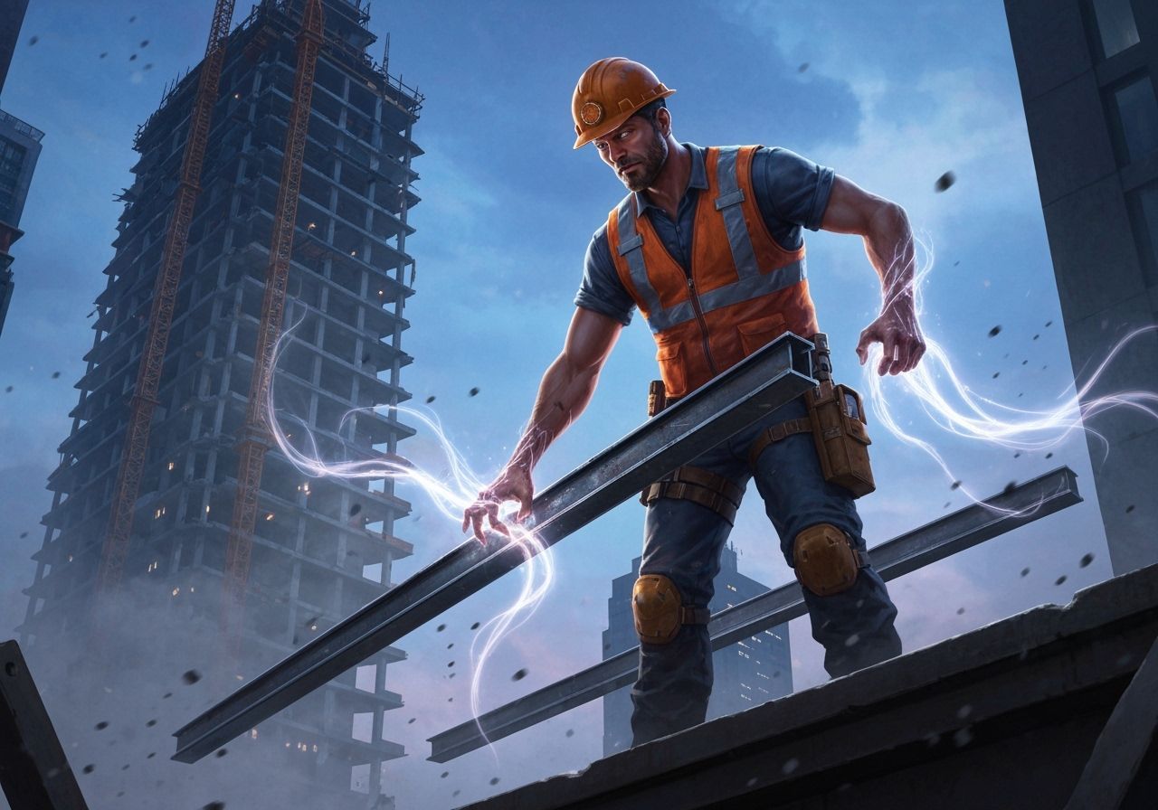 Ethereal Metal Beams Lowered by Worker in Twilight