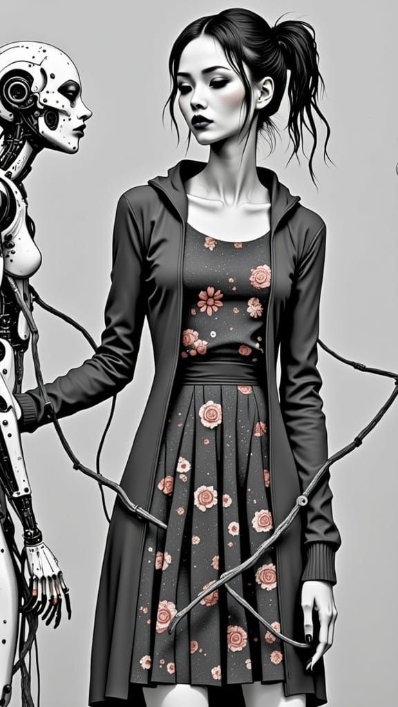 Surreal Neo-Tokyo Woman Comforts Broken Machine