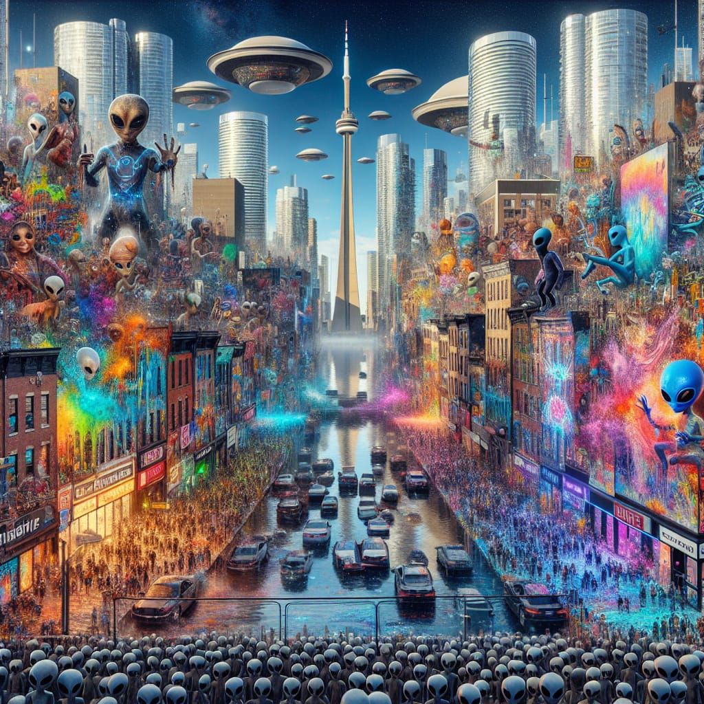 Vibrant Future Toronto Cityscape with Extraterrestrials