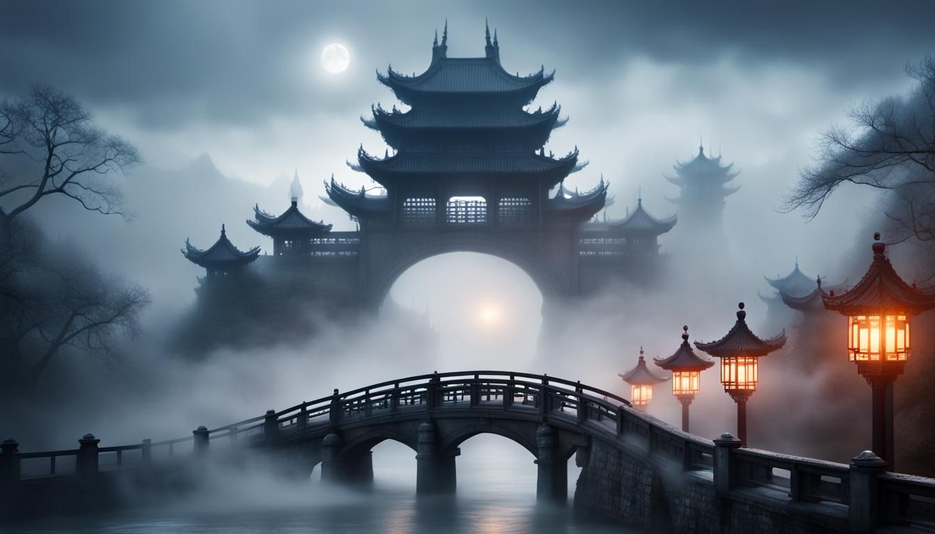 Eerie Asian Bridge to Castle in Mist