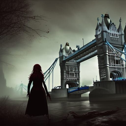 Zombie Woman at Tower Bridge in Macabre Style