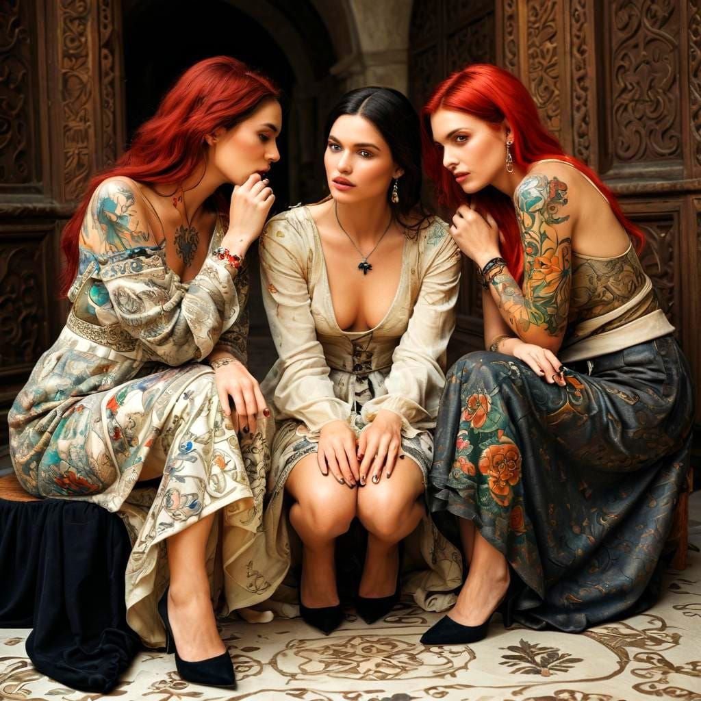 Medieval Ladies with Vibrant Tattoos in High-Resolution Port...