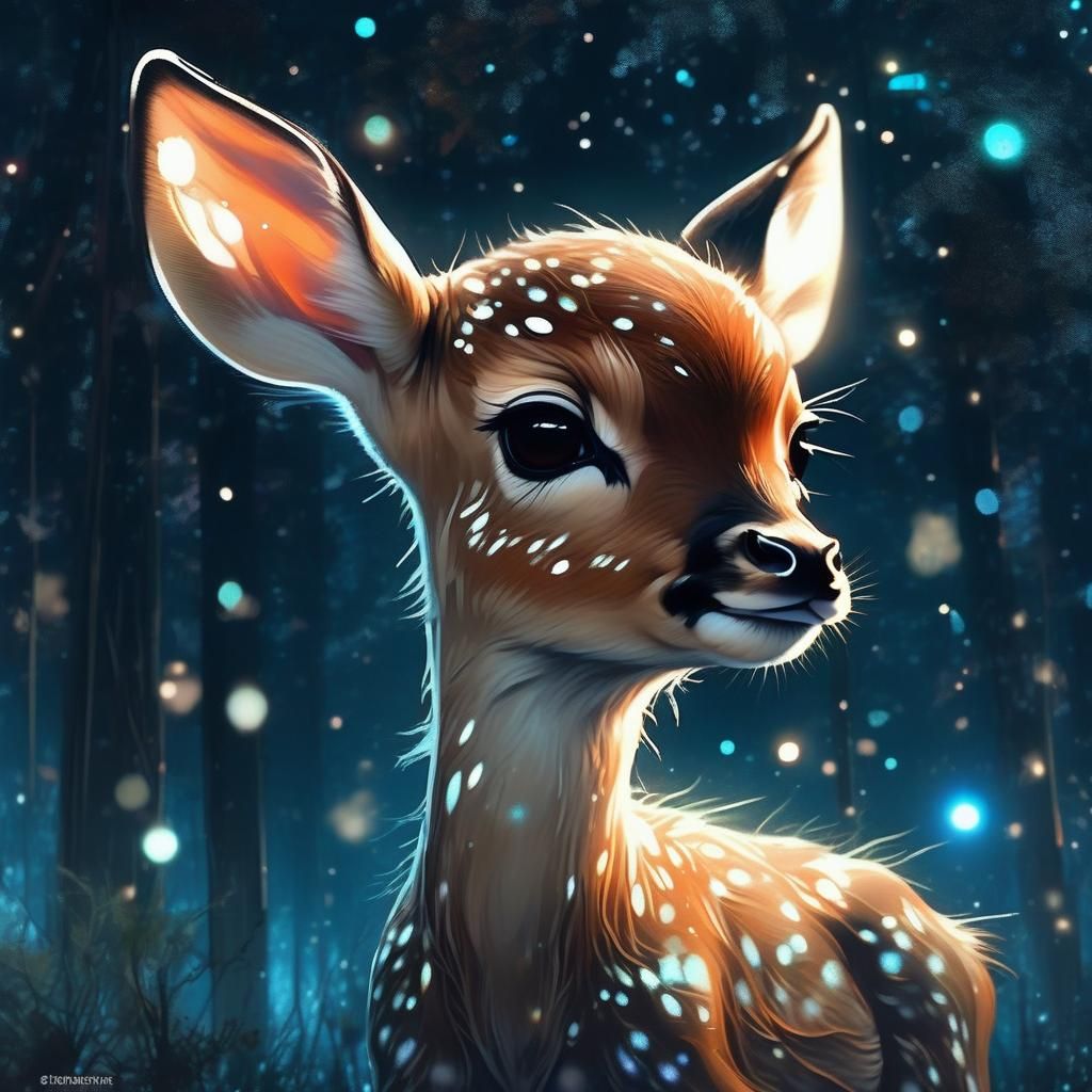 Fluffy Fawn Under Bioluminescent Starry Sky