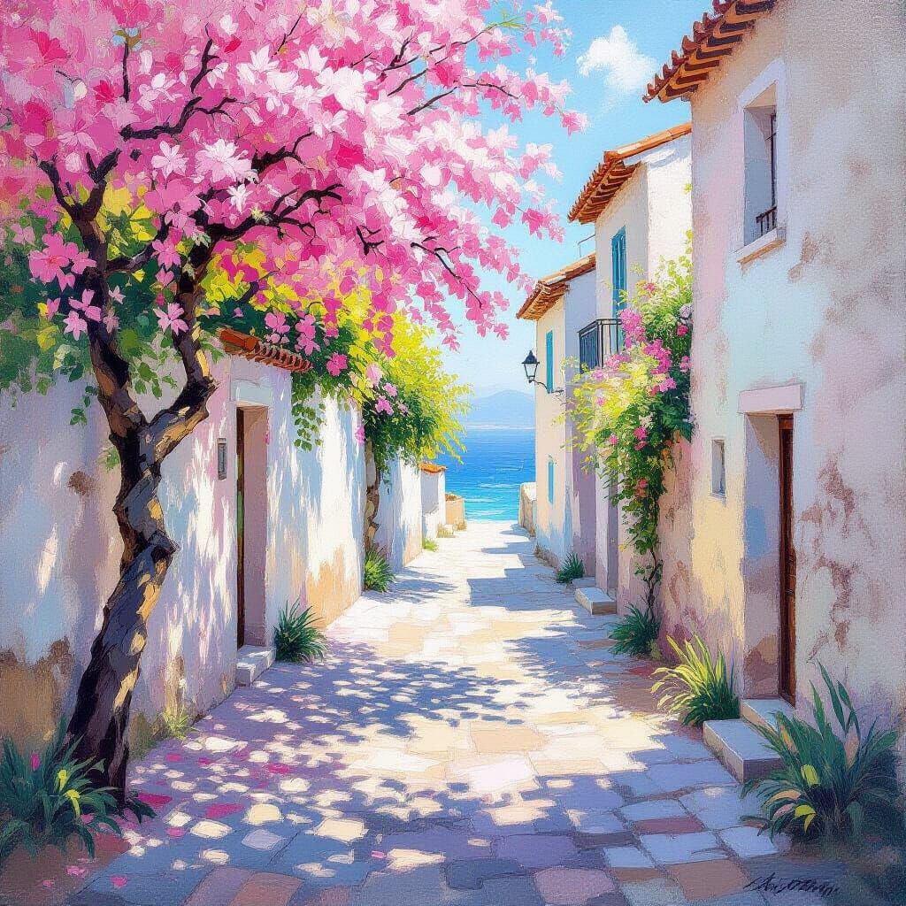 Ethereal Alleyway Painting in Impressionist Rococo Style